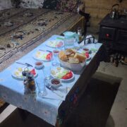 Traditional mountain breakfast in a guesthouse on the Peaks of the Balkans trail.