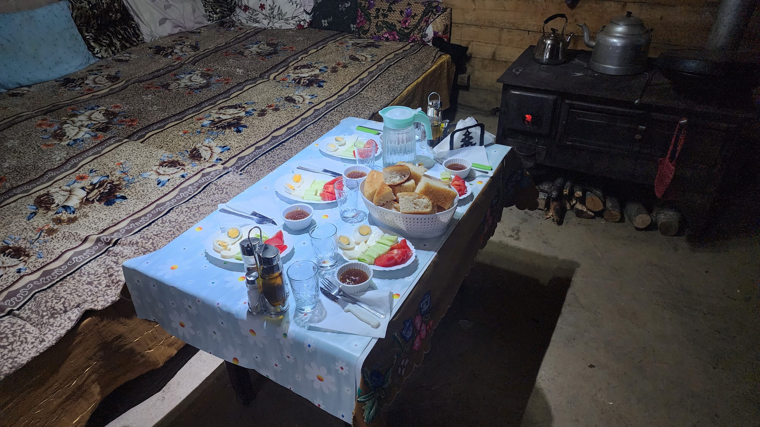 Traditional mountain breakfast in a guesthouse on the Peaks of the Balkans trail.
